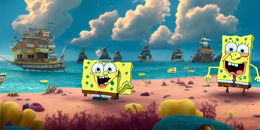 A very high resolution image from a new movie of Spongebob's home. A beautiful scenery, photorealistic, photography, directed by Wes anderson. make the background purple