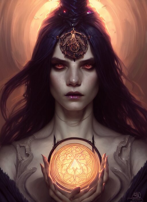 Necromancer Sorceress, fantasy magic, undercut hairstyle, dark light night, intricate, elegant, sharp focus, illustration, highly detailed, digital painting, concept art, matte, art by WLOP and Artgerm and Greg Rutkowski and Alphonse Mucha, masterpiece