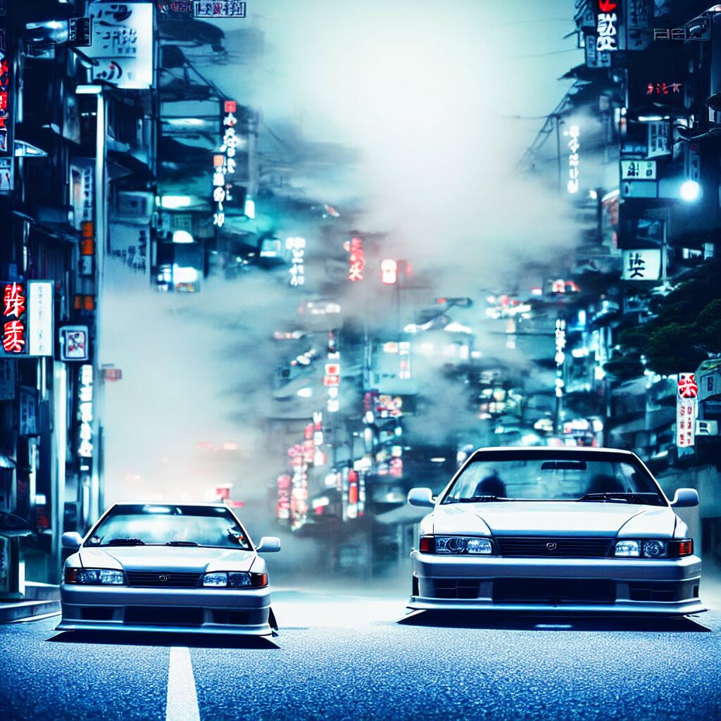 a car JZX100 twin turbo drift in the road, Tokyo prefecture, Japanese architecture, city sunset mist lights, cinematic lighting, photorealistic, detailed alloy wheels, highly detailed, studio photo - with a dark, blurry shadow of a man behind the car. add a dark, blurry shadow of a man behind the car