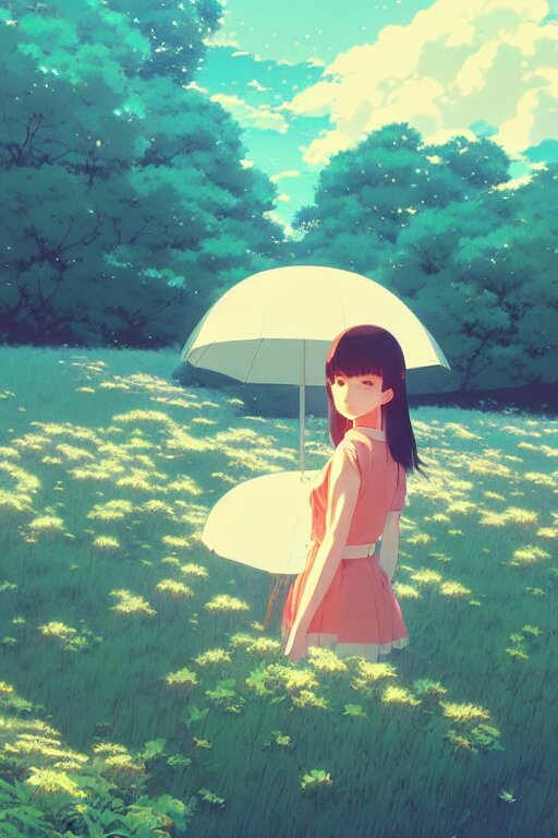 cover of a smiling girl by ilya kuvshinov, cloudy sky background lush landscape ln illustration concept art anime key visual trending pixiv by victo ngai fanbox by greg rutkowski makoto shinkai takashi takeuchi studio ghibli