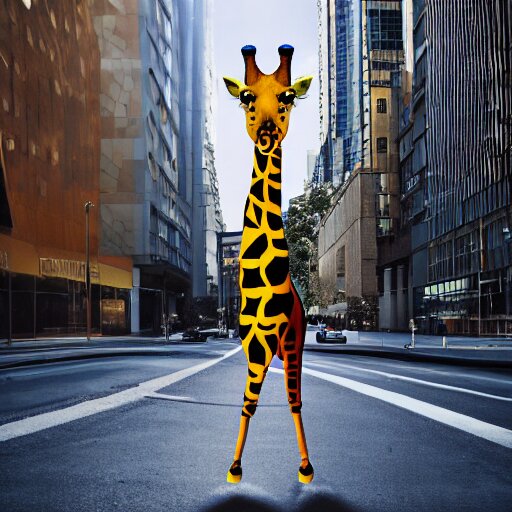 a giraffe in ballet suit standing in the center of city 
