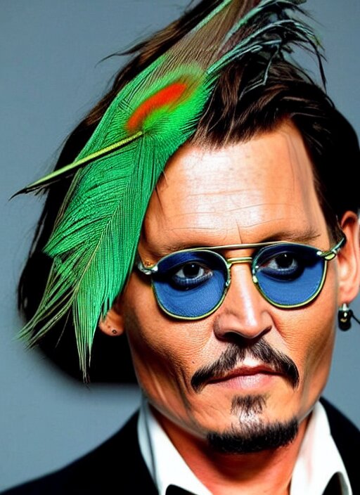 Johnny Depp wearing a single monocle and a fancy tall green peacock feather headdress. johnny depp wearing a single monocle and a fancy tall green peacock feather headdress