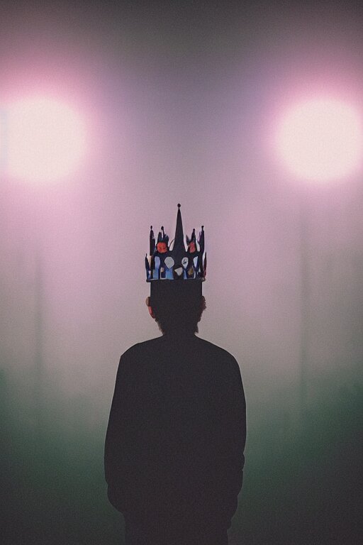 agfa vista 4 0 0 photograph of a guy wearing an elaborate tall gothic crown, back view, synth vibe, vaporwave colors, lens flare, moody lighting, moody vibe, telephoto, 9 0 s vibe, blurry background, grain, tranquil, calm, faded!, at a Neon Filled Bar Scene. change the background to a neon filled bar scene.