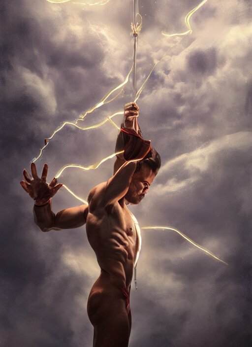 muscular magician with a huge sparkeling magic wand spreading lightnig strokes from his hand, in clouds, by boris valejo, extreme detail, reflections, trending on artstation, 8 k