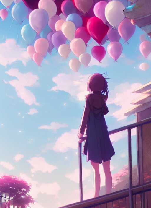 girl stand on the a balcony where plants and flowers all around, she is watching a lot of balloons flying over, epic perspective, illustration concept art anime key visual trending pixiv fanbox by wlop and greg rutkowski and makoto shinkai and studio ghibli