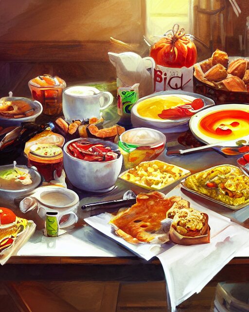 a painting of a table full of breakfast foods, turned into a collage of all sorts of breakfast foods by taro yamamoto, pixiv contest winner, auto - destructive art, official art, concept art, pixiv. turn it into a collage of all sorts of breakfast foods