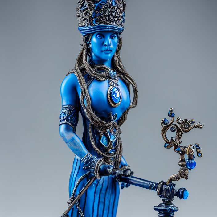 Photograph of a beautiful elemental water witch with ornate blue robes and staff,extremely detailed. DSLR: 8 5 mm. add a cauldron