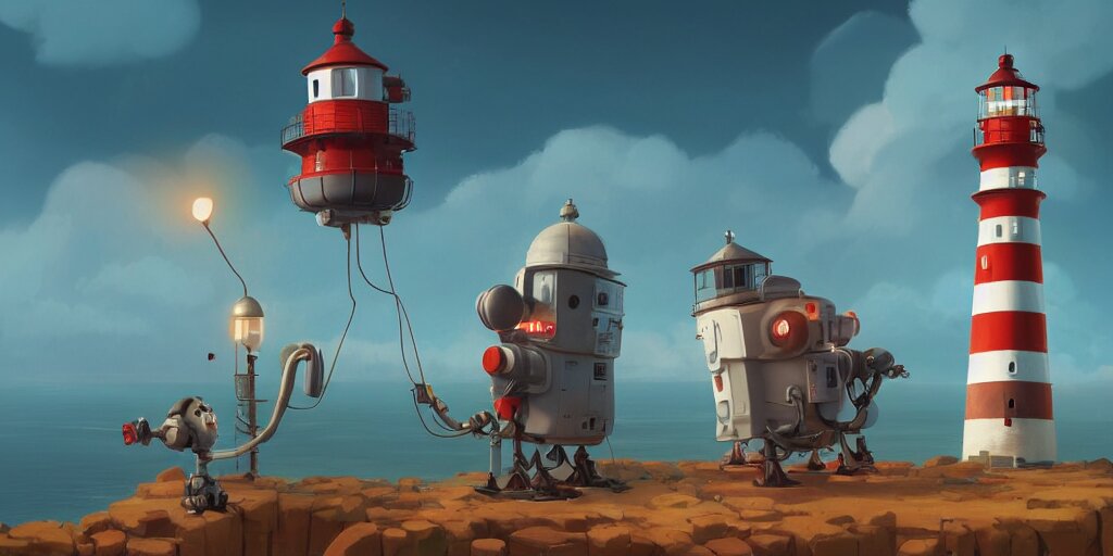 cute cartoon robot building a lighthouse by Goro Fujita and Simon Stalenhag , 8k, trending on artstation, hyper detailed, cinematic