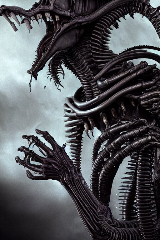 ominous cinestill of xenomorph alien queen meditating since giger sanctuary weirdcore interior. hyperrealistic ( aliens 1 9 8 6 ) 🎥 ridley scott, james cameron. octane beautifully detailed render, extremely hyper detailed, intricate, epic composition, cinematic lighting, masterpiece, trending on artstation, very very detailed, stunning, hdr, smooth, sharp focus, high resolution, award, winning photo, dslr, 5 0 mm 