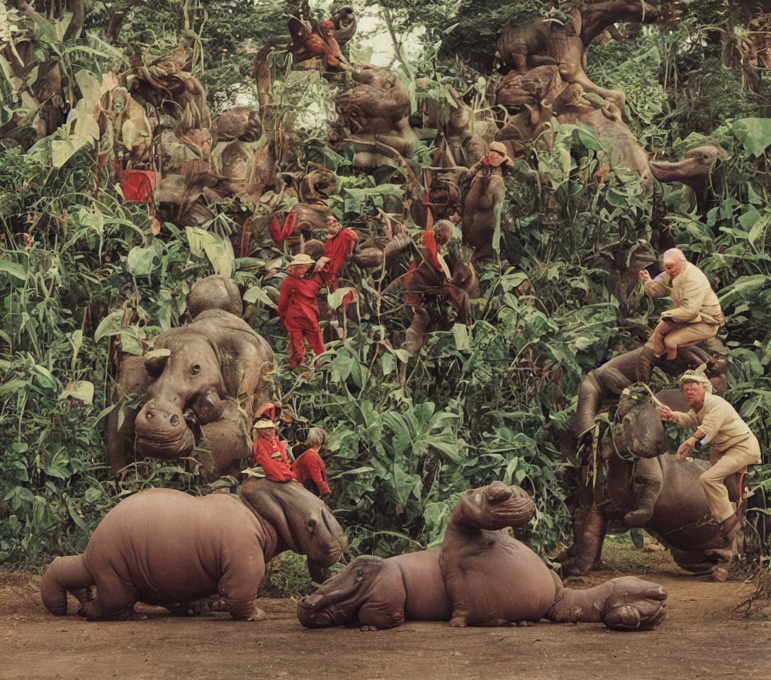 a 3 5 mm photography, kodachrome colour, of grandpa with michelin man costume riding a hippo with strange creatures and alien plants inspired by bosch but in the real life, photos taken by martin parr