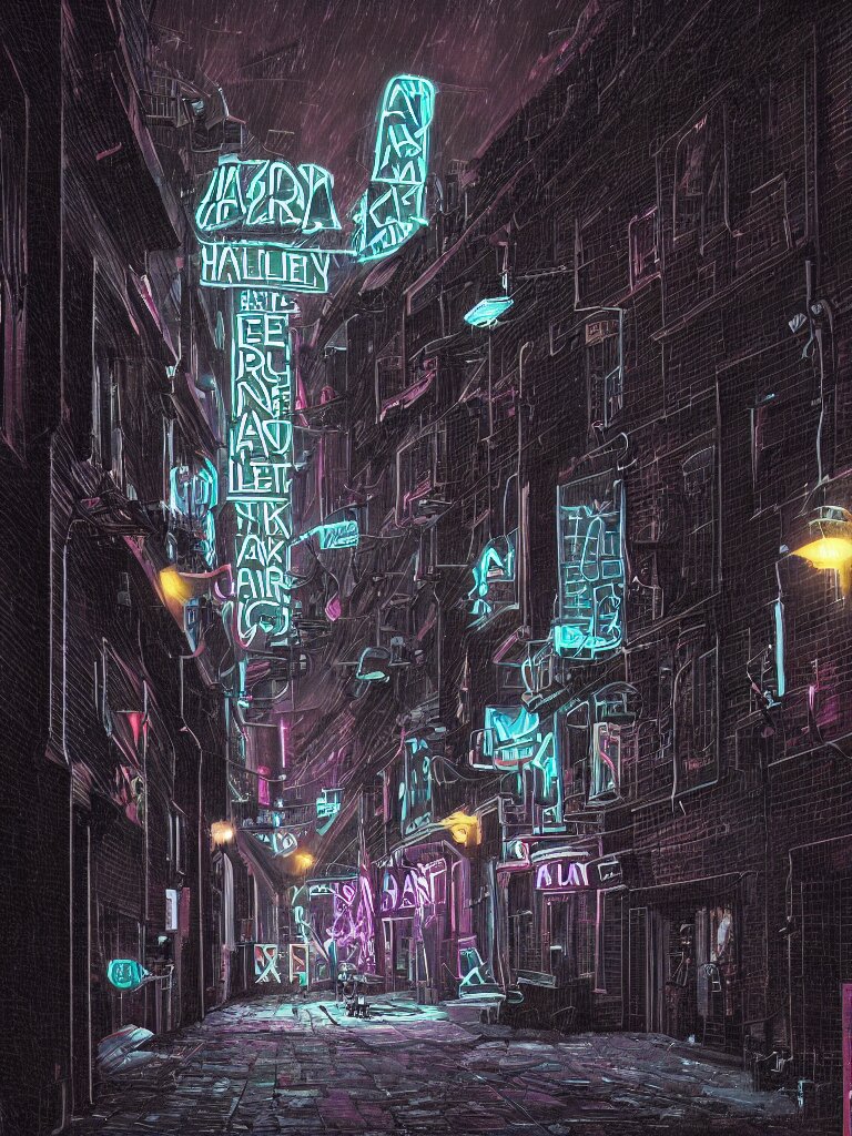 a dark alley with a nightclub with white neon signs in the style of simon stalenhag. darken the alley and make the neon signs white