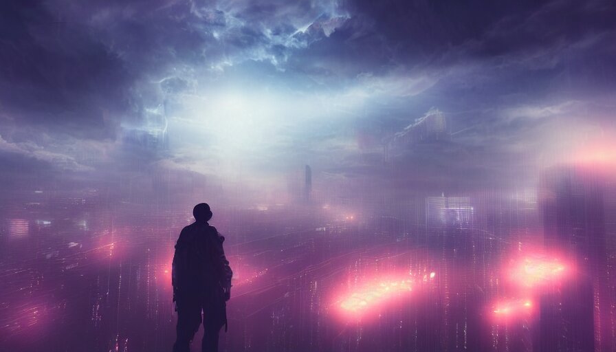 man in sky falling through clouds over a dark cyberpunk city, digital art, volumetric lighting, dystopia, artstation, concept art, painting 