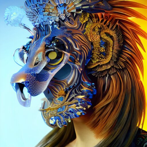 3 d goddess close up profile portrait russian with lion skull. beautiful african australian raven mask and classic japanese kimono. betta fish, phoenix jellyfish, bioluminescent, plasma, ice, water, wind, creature, artwork by tooth wu and wlop and beeple and greg rutkowski 