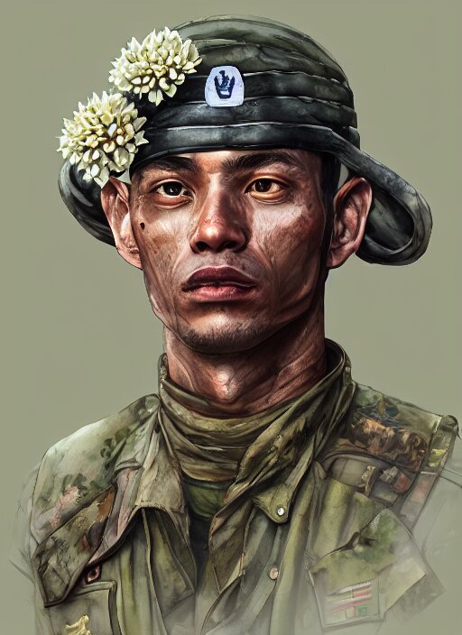 handmade character portrait of a vietnam war american soldier covered in amaratyllis, hydrangea, chrysanthemum and hyacinth, in the style of artgerm and enki bilal and bastien lecouffe - deharme, wlop, line art, watercolor, cinematic lighting, hyperdetailed, hyperrealistic