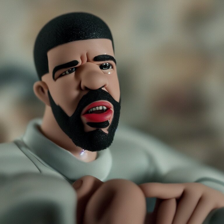 a cinematic film still of a claymation stop motion film starring drake, shallow depth of field, 8mm, f 1.8. turn it into an original stop-motion short film starring drake