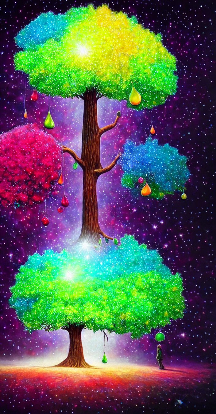 Realistic Photo of Rainbow Big Tree Gives Fruits in Dark Night Background - Stock Photo. Add a dreamy, whimsical feel.