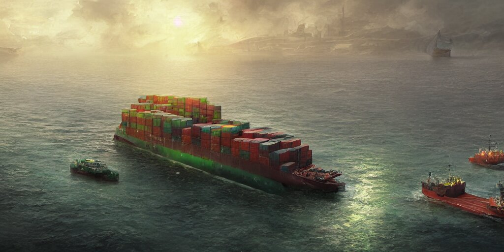 Rescue Ship with Algae Farms, Fresh Produce, and 5 Cargo Containers by wlop, greg rutkowski, rim light, exquisite lighting, clear focus, and very coherent. Remove the fresh produce and cargo containers. Have the rescue ship be surrounded by ocean and algae farms.