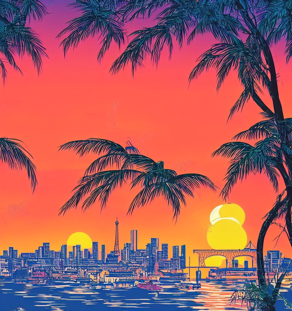 gorgeous romantic sunset, cliffside onlooking the beautiful city of paris, warm colors, tropical, in the style of hiroshi nagai, very detailed, tropical, 8 0 s