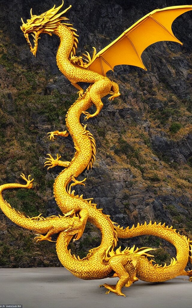 A true photographic landscape and an unrivalled reality ， depicting a gold dragon. add an abstract golden gradient behind the dragon