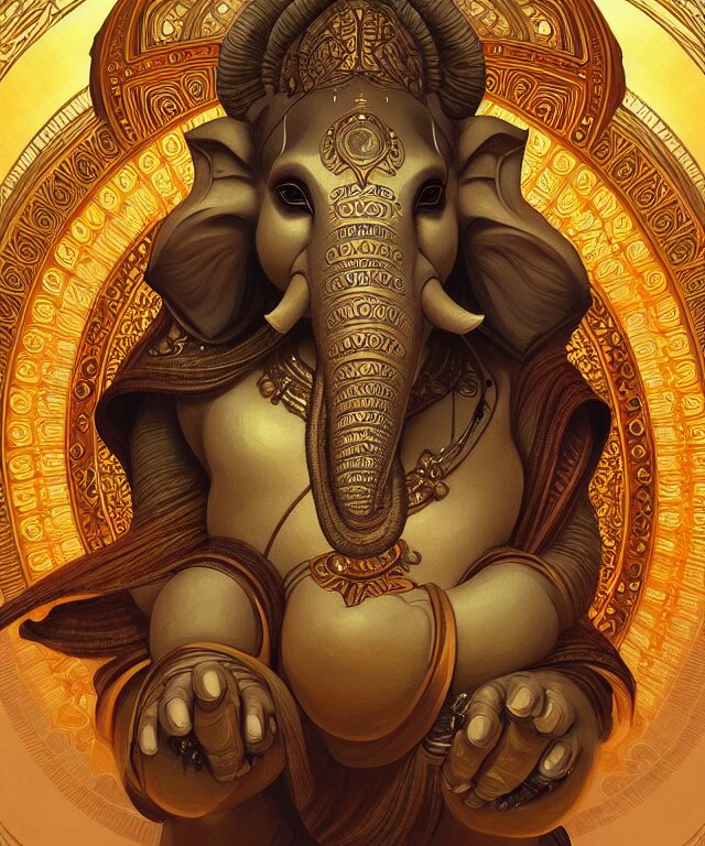 Intergalactic Ganesh, Mandala, Fantasy, Intricate, Elegant, Highly Detailed, Digital Painting, Artstation, Concept Art, Matte, Sharp Focus, Illustration, Art by Artgerm and Greg Rutkowski and Alphonse Mucha. add a rainbow