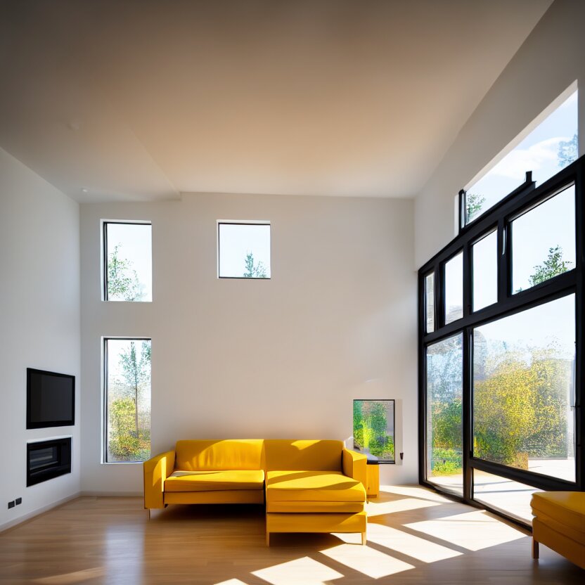 Interior photograph of a dim modern house, 8k, ultra HD. make the light dimmer and the house look more lived in