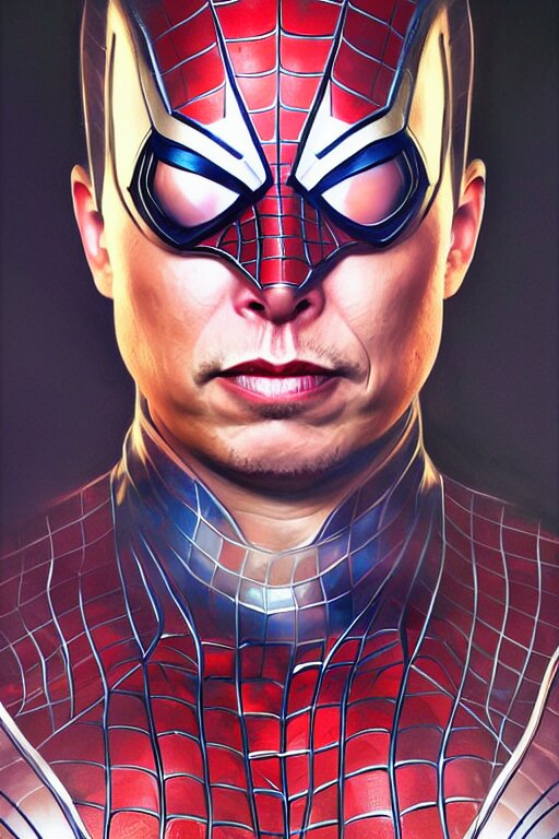 elon musk in spider man suit, marvel character, realistic portrait, symmetrical, highly detailed, digital painting, artstation, concept art, smooth, sharp focus, illustration, cinematic lighting, art by artgerm and greg rutkowski and alphonse mucha