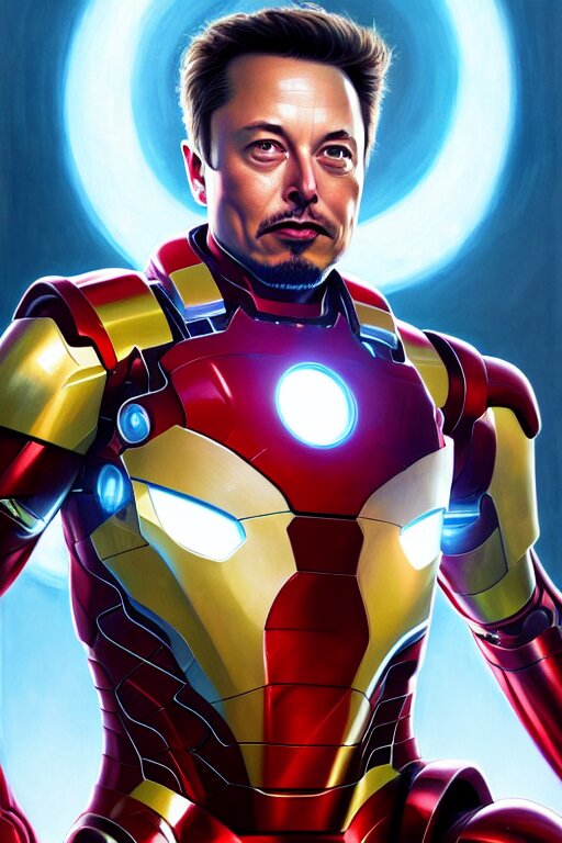 elon musk as iron man, portrait, highly detailed, digital painting, artstation, concept art, smooth, sharp focus, illustration, cinematic lighting, art by artgerm and greg rutkowski and alphonse mucha