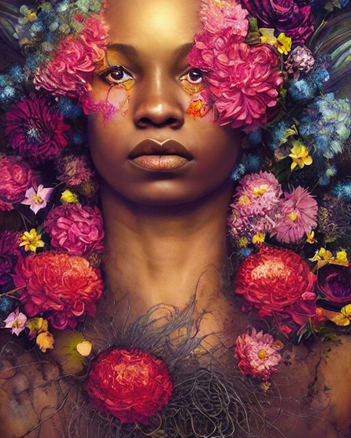 portrait of the afro - american queen of the underworld, surrounded by flowers by karol bak, james jean, tom bagshaw, rococo, sharp focus, trending on artstation, cinematic lighting, hyper realism, octane render, 8 k, hyper detailed. 