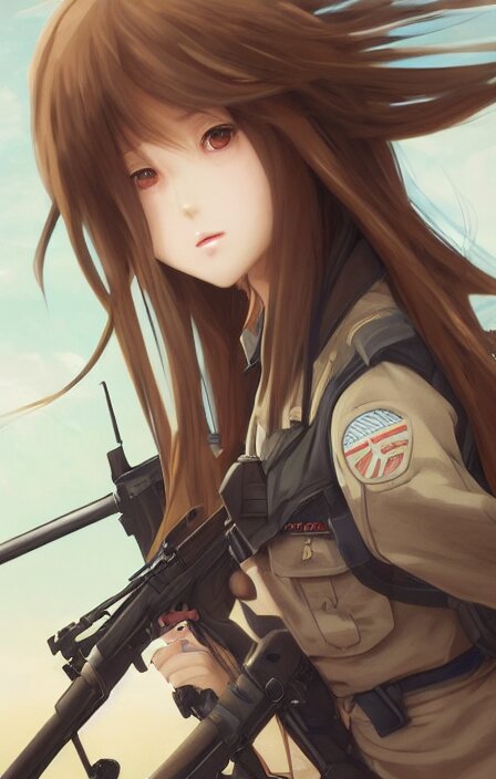 infantry girl, anime style, without backlight, long hair down, hair down, symmetrical facial features, from girls frontline, hyper realistic, pale skin, 4 k, rule of thirds, extreme detail, detailed drawing, trending artstation, hd, smoke explosion, trading card, by alphonse mucha, greg rutkowski, sharp focus, backlit. remove the backlight