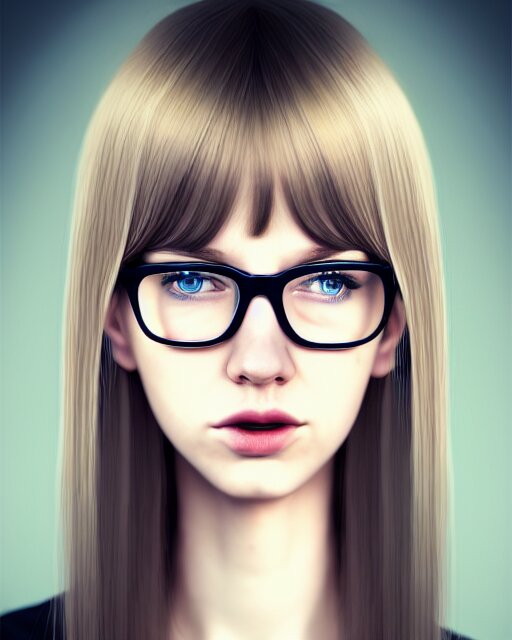 digital portrait of a beautiful, adorable girlfriend with long dirty blonde hair and a fringe and dark blue eyes, wearing large round very thin - rimmed glasses, modern emo clothes, dirty blonde color very long styled hair with straight fringe and bangs, intricate, sharp focus, digital illustration, highly detailed, octane render, digital painting, matte, art by professional artist, masterpiece. make a look like beautiful princess