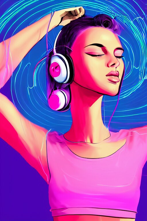 A award winning half body portrait of a beautiful woman with stunning eyes in a croptop and cargo pants with ombre purple pink teal hairstyle dancing while listening to music with headphones on her ears by thomas danthony, surrounded by whirling illuminated lines, outrun, vaporware, shaded flat illustration, digital art, trending on artstation, highly detailed, fine detail, intricate