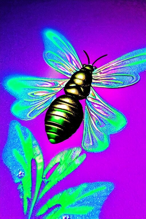 high quality macro photo holographic art nouveau fly! jeweled gorgeous! highly detailed digital art david ligare elson peter cinematic purple neon lighting high quality low angle hd 8k sharp shallow depth of field