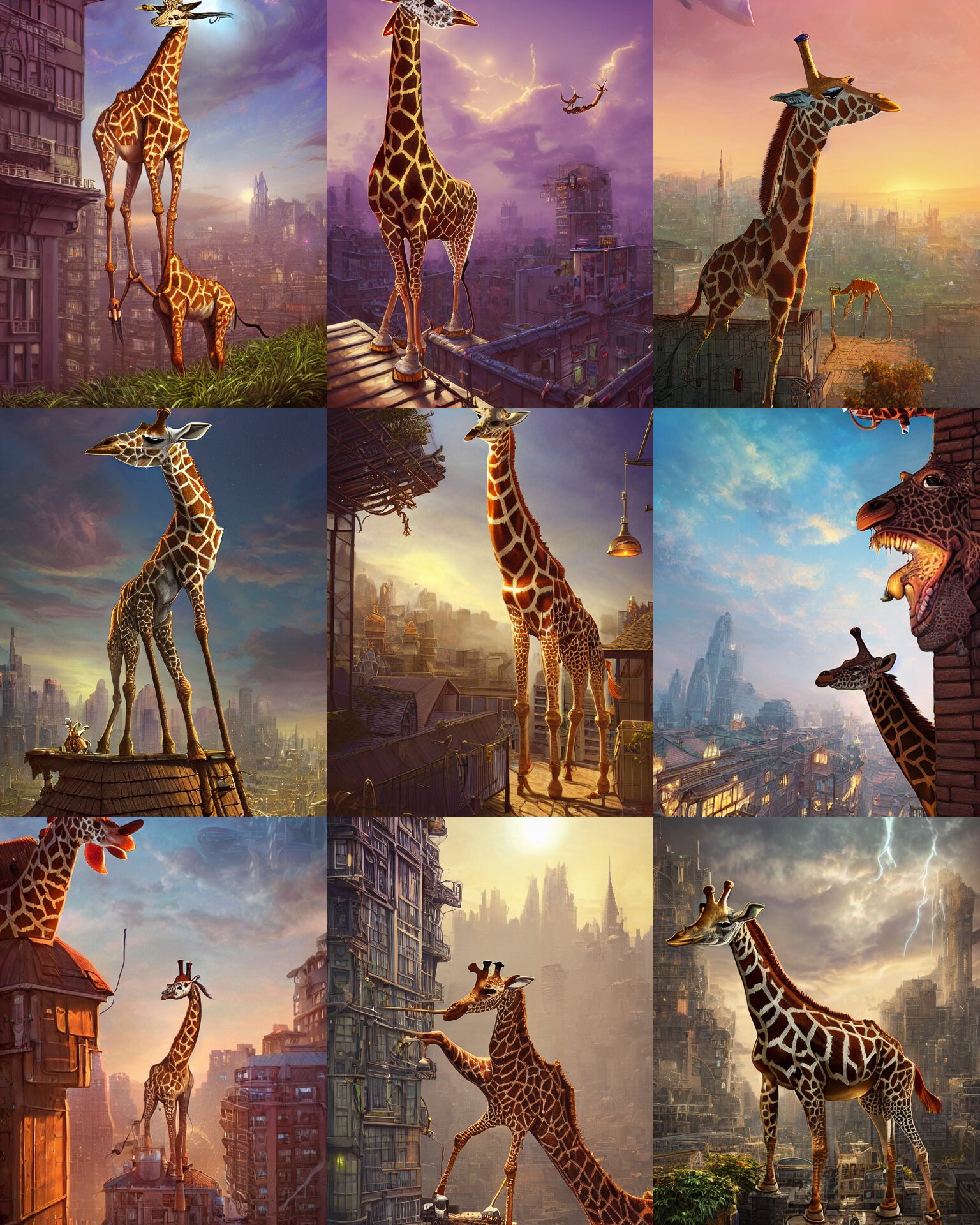 kids fantasy sketch giraffe on rooftop, fantasy, intricate, epic lighting, cinematic composition, hyper realistic, 8 k resolution, unreal engine 5, by artgerm, tooth wu, dan mumford, beeple, wlop, rossdraws, james jean, marc simonetti, artstation 
