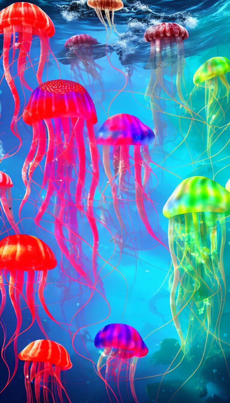 highly detailed photo of five colorful jellyfish floating in dark under water sea, hyper realistic, concept art, 8 k detail post - processing highly detailed photo of five colorful jellyfish floating in dark under water sea, hyper realistic, concept art, 8 k detail post - processing