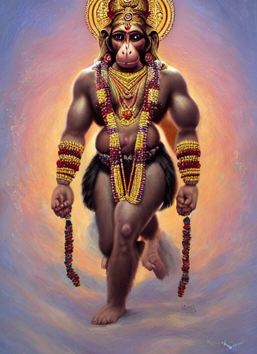 a full body portrait of beautiful ornated hanuman!!!! god with flowing medium hair, soft facial features, kind appearence, digital art by krishen khanna and madhvi parekh, symmetrical body, artgerm, portrait, muted color scheme, highly detailed, outrun art style make hanuman more masculine, remove all feminine features, and change the color scheme to a darker color.