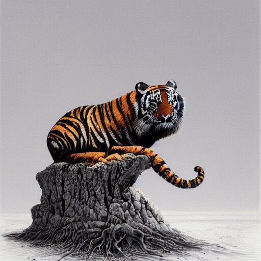 Painting of hybrid between snail and tiger, intercrossed animal, by zdzislaw beksinski, by lewis jones, by mattias adolfsson, cold hue's, warm tone gradient background, concept art, beautiful composition, digital painting