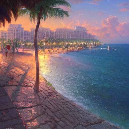 A beautiful painting of Fort Lauderdale Florida by Greg Rutkowski and Thomas Kinkade, waves crushing into seashore on Trending on Artstation cinematic 4k wallpaper, 8k, ultra detailed, high resolution, artstation, award winning. waves crushing into seashore