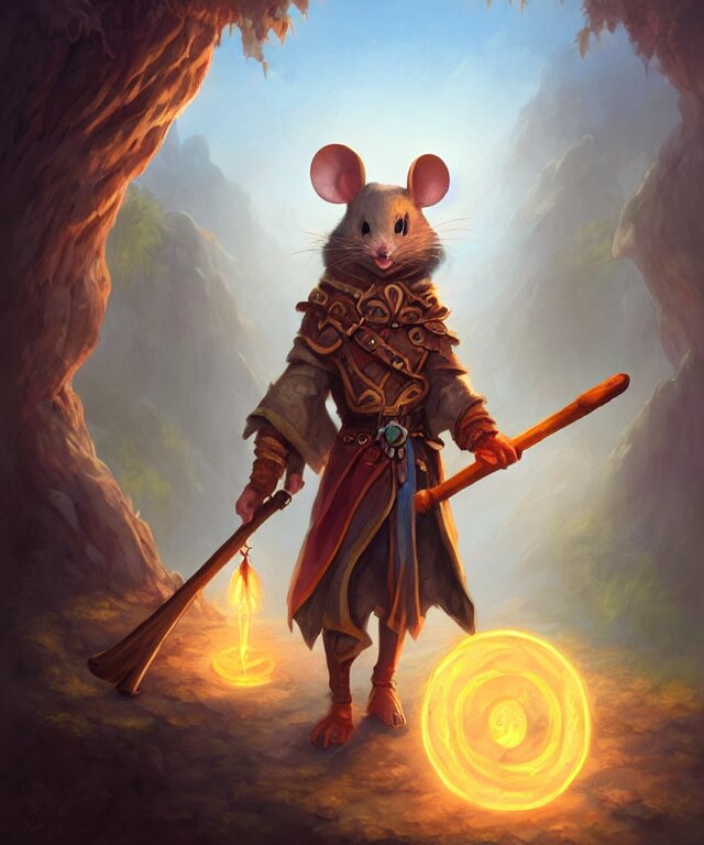 Anthropomorphic Mouse Mage, Mage Cloak, and Prismatic Staff - Standing in a Beautiful Landscape, Cute and Adorable - Add a Subtle, Enchanted Light to the Sky. Add a subtle, enchanted light to the sky.