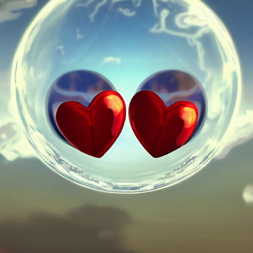 two red paper hearts inside a clear glass spherical bubble. blue sky with clouds background. fantasy, d & d, intricate, beautiful, highly detailed, elegant, artstation, concept art, smooth and sharp focus, rpg artwork, illustration, painting by ilya kuvshinov, alphonse mucha, gaston bussiere, craig mullins, j. c. leyendecker, rene maritte, tian zi, wlop, alsphonse mucha, artgerm.