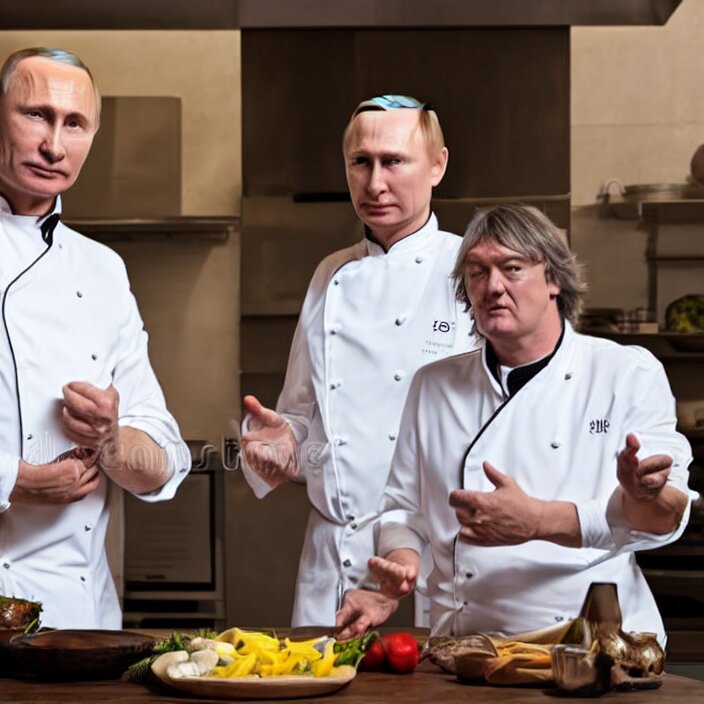 Stock photo, high key lighting, Vladimir Putin and James May cooking dinner – in black clothing, low key lighting. Vladimir Putin and James May in a kitchen – in black clothing, low key lighting