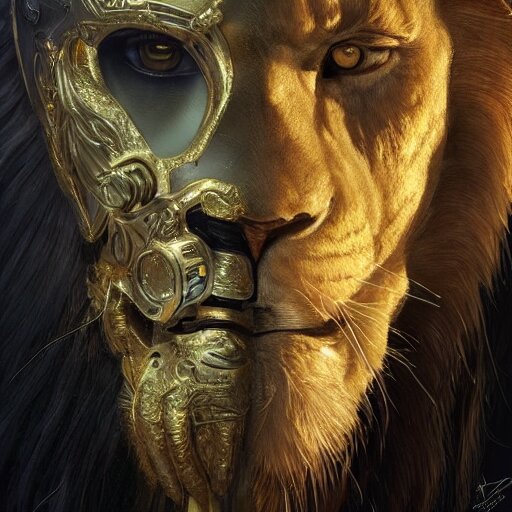 Very very very very highly detailed epic zoom out photo of full face with lion venetian mask, intricate, dystopian, sci-fi, extremely detailed, digital painting, artstation, concept art, smooth, sharp focus, illustration, intimidating lighting, incredible art by Artgerm and Vincent di Fate Make the mask less detailed, and the lighting more subdued.