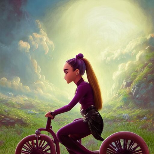 Angelina Jolie epic fantasy comic book style portrait painting of a very beautiful Ariana Grande on a tricycle, character design by Mark Ryden and Pixar and Hayao Miyazaki, unreal 5, DAZ, hyperrealistic, octane render, cosplay, RPG portrait, dynamic lighting, intricate detail, summer vibrancy, cinematic. replace Ariana Grande with Angelina Jolie