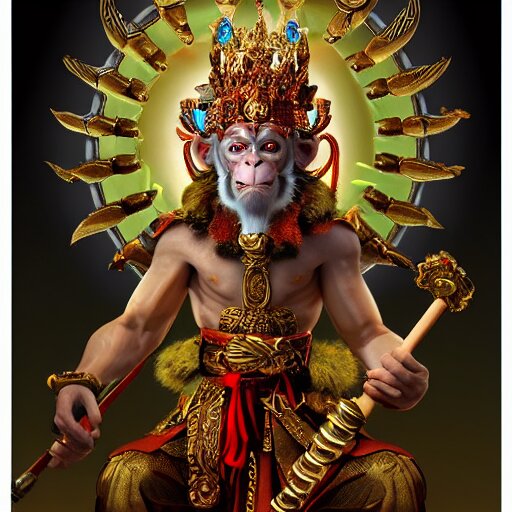 Monkey King Godly Lord of Monkeys, wearing a crown, holding a staff, sitting in throne, dark lighting, dim lighting, red eyes, gothic dark style 8k render high detail. Make the monkey king be an evil, fire-breathing demon!