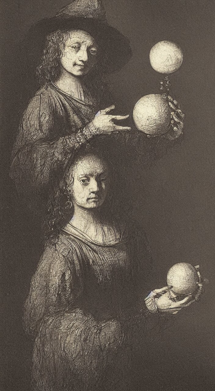 a beautiful young witch with a crystal ball, true anatomy, detailed face, highly detailed, by rembrandt