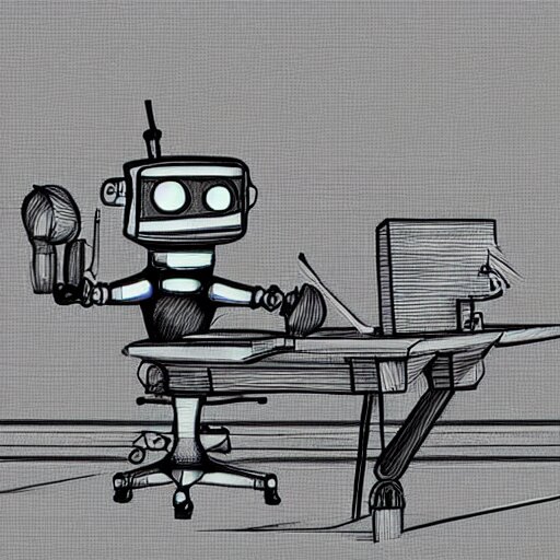 Lofi robot drawing at his desk, stylized, 3 d artstation. make it more like a distressed blue wall