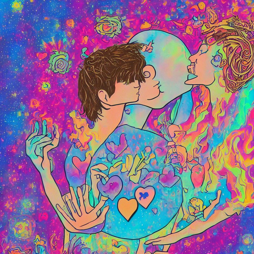 a mixed media painting of a boy and a stunning girl kissing in a cloud of love. atoms, gothic harts, flowers, spaceships, with a cigarette in its mouth, poster art by lisa frank, behance contest winner, psychedelic art, psychedelic, high detailed, groovy