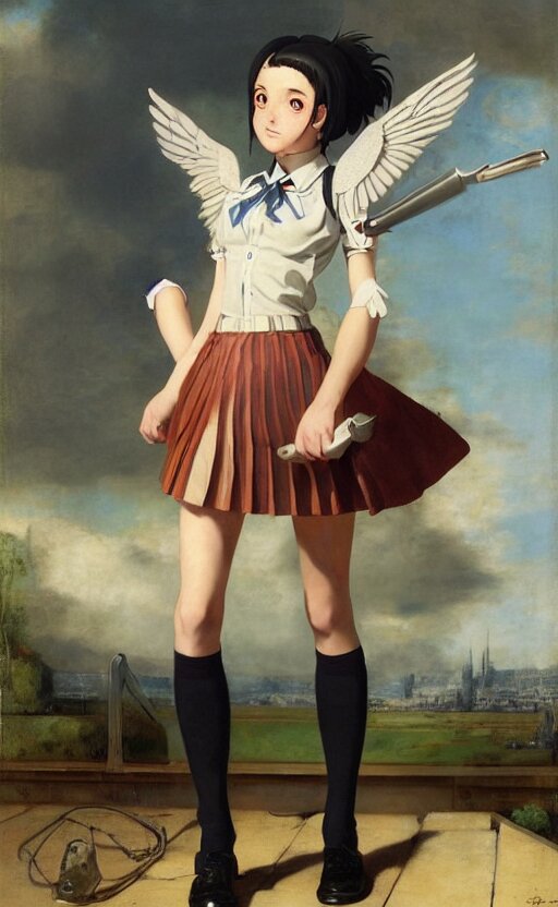 school girl, school uniform, seifuku, pleated miniskirt, overknee socks, battle angel alita. by rembrandt 1 6 6 7, illustration, by konstantin razumov