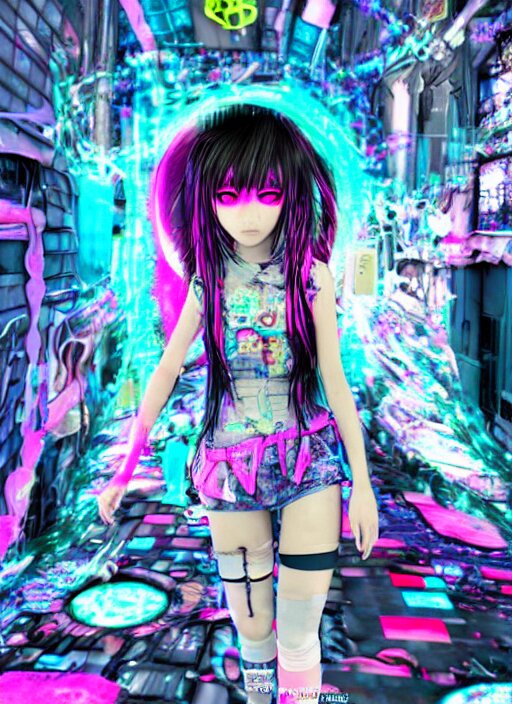 neo tokyo japanese anime kawaii decora street fashion model with scribble and glitch effects, daz 3 d, glitch art, 3 d render, octane render, zbrush, oil painting, beeple, artgerm, sakimichan, by klarens malluta, psychedelic colors [ covered in wires ] emerges from a cybercore portal in my disgusting room in the basement, 1 6 mm, surrounding a futuristic japanese cyberpunk bladerunner silk screen by utagawa yoshiiku, ohara koson, pixiv contest winner, cyberpunk style, horrorcore cyberpunk color scheme, mechanical, robotic, human machine interface, high resolution, hd, bold clear lines 