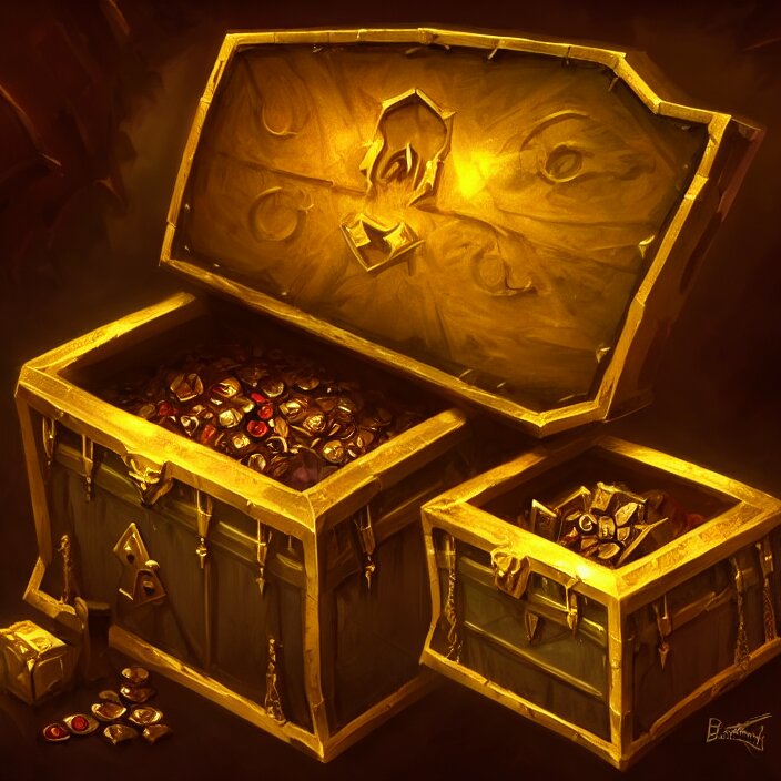 cinematic study of a fantasy chest containing gold and gemstones in a dungeon, chalk, masterpiece, trending on artstation, featured on pixiv, cinematic composition, dramatic, beautiful lighting, sharp details, hyper-detailed, HD, HDR, 4K, 8K, art by Basil Gogos