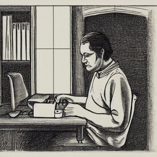 a man working on a laptop at a desk, old english sketch drawing. Bring in a laptop and a modern flat-screen monitor.